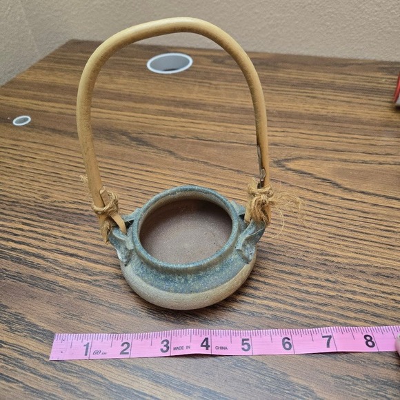 Rustic‎ Pottery Basket Vase Bamboo Handle Blue Glazed Ceramic Aprox 6" - Picture 7 of 8